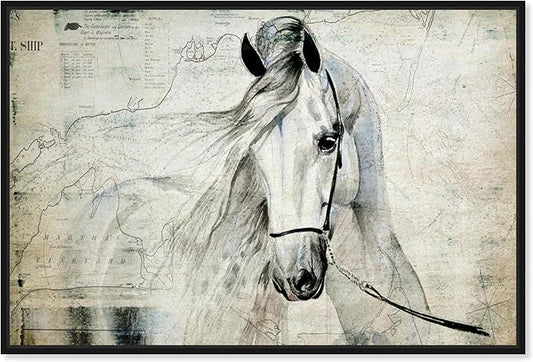Country Farmhouse Canvas Print Painting Animal Wall Art 'Southern White Horse' Black Framed Canvas Rustic Home Décor 15x10 in Gray, Brown by Oliver Gal