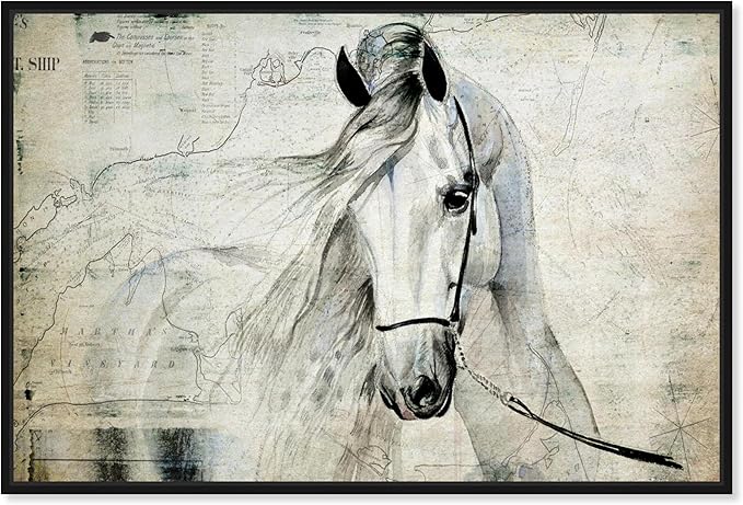 Country Farmhouse Canvas Print Painting Animal Wall Art 'Southern White Horse' Black Framed Canvas Rustic Home Décor 24x16 in Gray, Brown by Oliver Gal