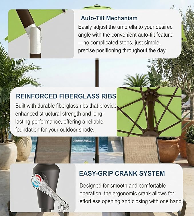 PatioKingdom Auto-Tilt 9FT Patio Umbrella Outdoor with 8 Sturdy Fiberglass Ribs,Market Table Umbrella for Pool,Backyard,Deck and Garden