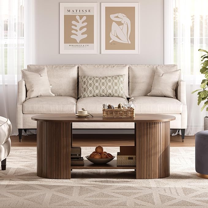 Oval Fluted Coffee Table, 2-Tier Center Table with Large Storage, Mid-Century Modern Wood Coffees Table for Living Room, Home Office, Small Space, Walnut