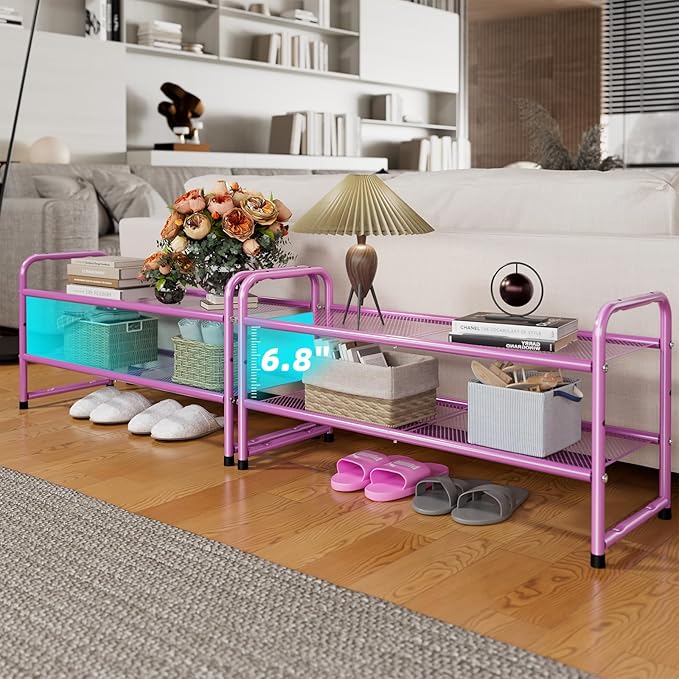 SUFAUY 2 Tier 33" Wide Shoe Rack Closet Metal Mesh, Stackable, Pink
