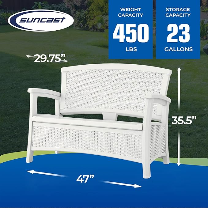 Suncast Elements Stylish Lightweight Loveseat Outdoor Seating with Convenient Built In Universal Storage, and All Weather resin, White