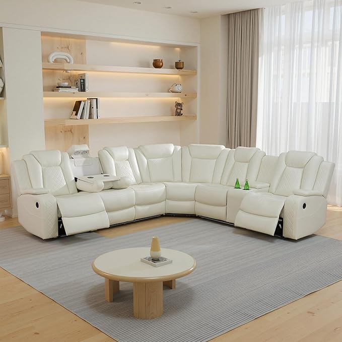 Power Recliner Sectional Couch with LED, Leather Reclining Sofa for Living Room, Muti-Functional Recliner Corner Sofa with Storage Console/Cup Holders/USB Ports (Creamy White, SECTIONAL)