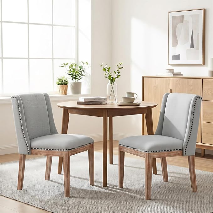 Dining Chair Set of 2, Upholstered Fabric Kitchen Side Chairs with Solid Wood Legs, Comfortable Seating for Kitchen, Dining Room & Restaurant, Grey