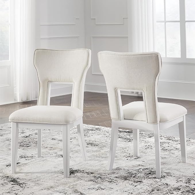 Signature Design by Ashley Chalanna Modern Upholstered Dining Chair with Cushion and Adjustable Levelers, Set of 2, White