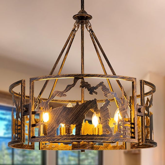 TOCHIC 6-Light Farmhouse Chandelier for Dining Room, Rustic Drum Chandelier in Bronze Metal, Western Cowboy Horse Light Fixture for Living Room, Dining Room, Bedroom, Foyers, W-26.37"