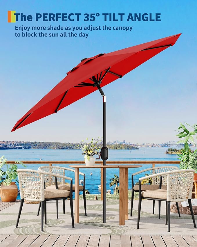 GarveeLife 9 ft Patio Umbrella, Outdoor Table Market Umbrella with Push Button Tilt and Crank, 8 Sturdy Ribs UV Protection Waterproof for Garden, Deck, Backyard, Pool (Red)