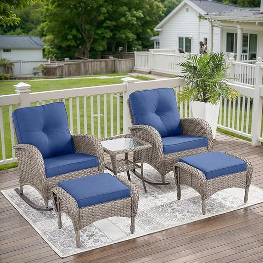 Belord 5 Piece Patio Rocking Chairs Furniture Set - Outdoor Wicker Furniture with Ottomans and Side Table, Rattan Conversation Bistro Set for Porch Deck Balcony