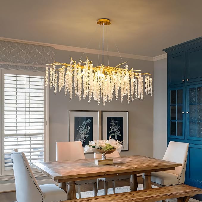 Tree Branch Chandelier L47 Luxury Rectangular Crystal Raindrop Pendant Light 13 Lights Kitchen Island Hanging Light Fixture for Living Room Dining Room Foyer Entryway Gold