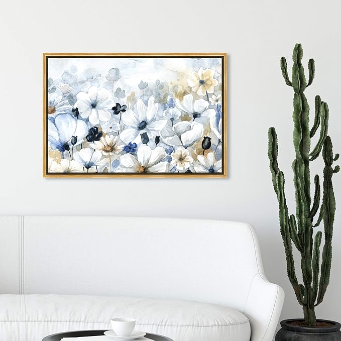 The Oliver Gal Artist Co. Floral and Botanical Wall Art Framed Canvas Prints 'Fields Flowers Home Décor, 30" x 20", Blue, White