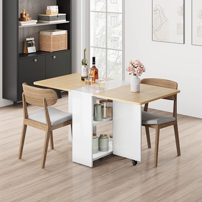GarveeHome Folding Dining Table, Space Saving Farmhouse Dining Table for 4 Storage Shelf, 6 Wheels Multipose Expandable Kitchen Drop Leaf Table for Small Spac