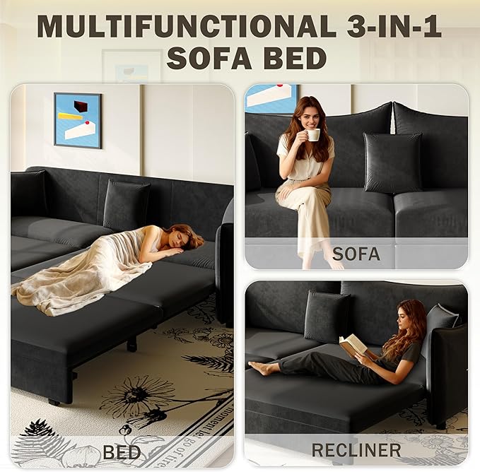 Eafurn 82" Oversized Loveseat Convertible Pull Out Sleeper Sofa Couch Bed King Size, 3-in-1 Sleeper Loveseat Sofa Lounge Chaise with Pull Out Bed and Curved Armrest | Removable Cushions