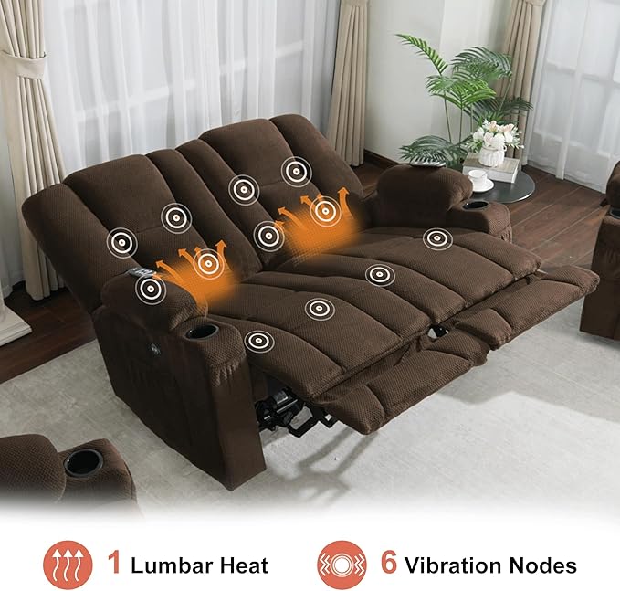 MCombo 57.8" Zero Gravity Power Loveseat Sofa with Heat and Massage, Reclining Loveseat Recliner for Living Room, Fabric 6035SET (Brown)