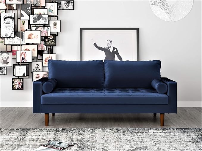 Container Furniture Direct Womble Modern Velvet Upholstered Living Room Diamond Tufted Chesterfield with Gleaming Nailheads, Loveseat, Sofa, Misty Blue