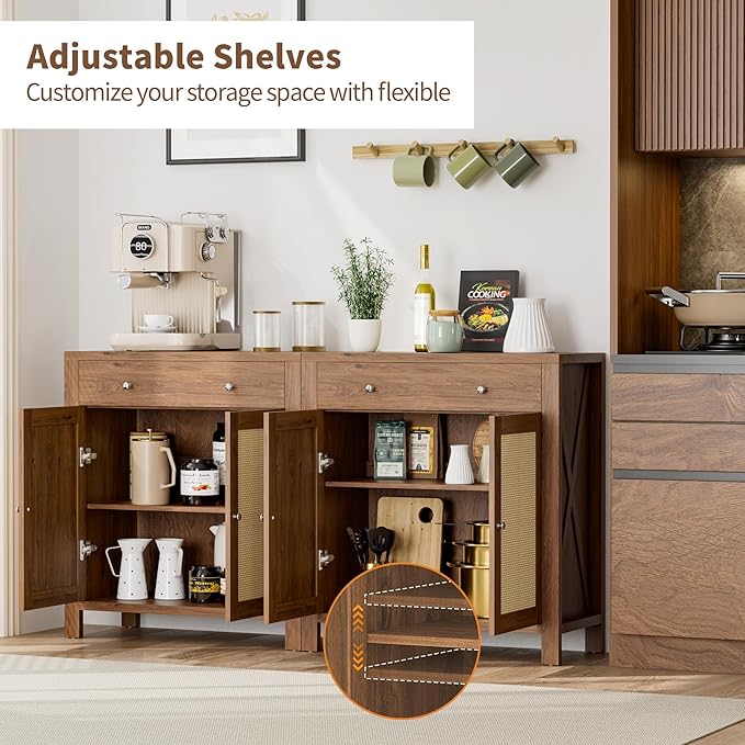 31" Sideboard Buffet Cabinet, Farmhouse Kitchen Buffet Cabinets with Doors and Adjustable Shelves, Rattan Sideboard Storage Cabinets for Kitchen, Living Room(Brown, 2 Pieces)