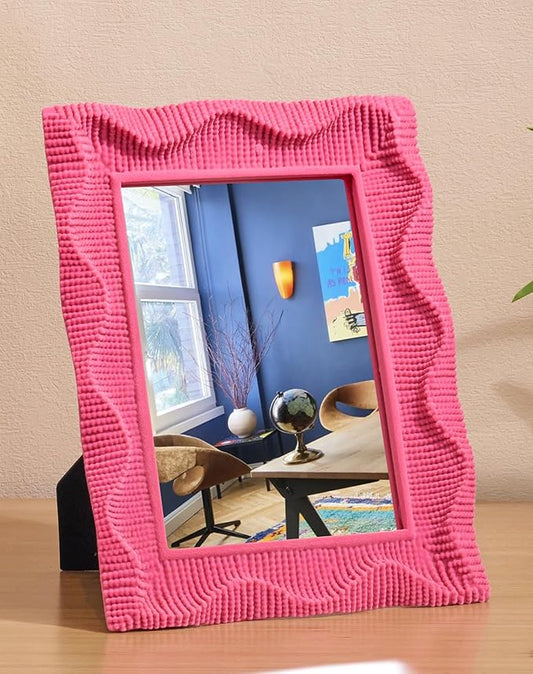Wavy Wall Mirror, Modern Aesthetic Room Decor for Bedroom Bathroom Entryway, 7.5x5.7 Funky Irregular Frame Vanity Mirror for Girls Teens College Students Back to School Gift (Rose Pink)