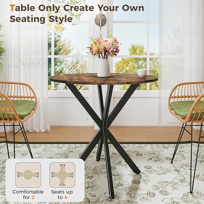 Unovivy 31.5" Small Round Dining Table for 2-4, Space Saving Circle Kitchen Dinner Table, Industrial Mid Century Modern Dining Room Desk for Kitchen, Apartment, Rustic Brown