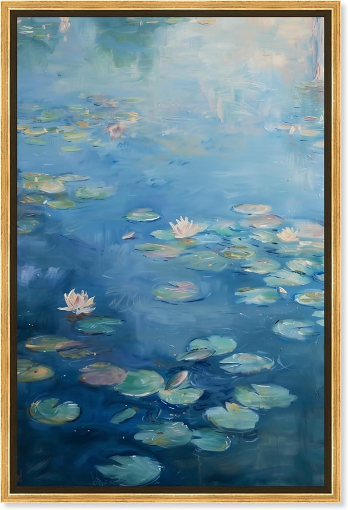 Art Remedy Lilypads In Blues Framed Impressionism 1 Piece Canvas Wall Art/Monet And Van Gogh Inspired Art, 17.5" x 25.5", Gold Frame