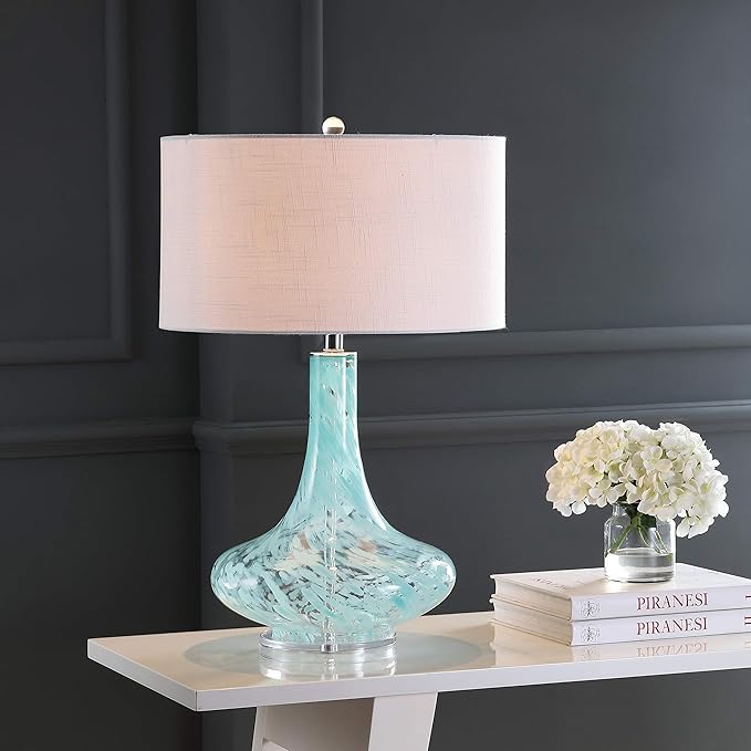 JONATHAN Y 29" Ice Blue Teardrop Glass LED Table Lamp, Contemporary Gourd Lamp with White Linen Drum Shade and Chrome Base for Living Room Bedroom, LED Bulb Included JYL2001A