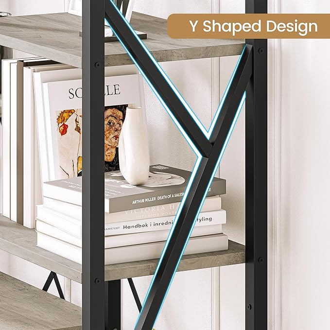 GAOMON GAOMONTriple Wide 5 Tier Book Shelf, Tall Bookshelf with Open Display Shelves, Industrial Large Bookshelves and Bookcases with Metal Frame for Living Room, Bedroom, Home Office-Grey