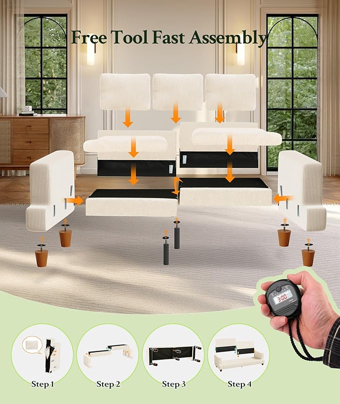Welzona 87.2" Couches for Living Room, Comfy Beige Couch 7.5" Extra Thick Cushion, Sofas for Living Room Tool-Free Setup, Loveseat Sofa 848lbs Support, Corduroy Couch for Bedroom, Apartment, Office