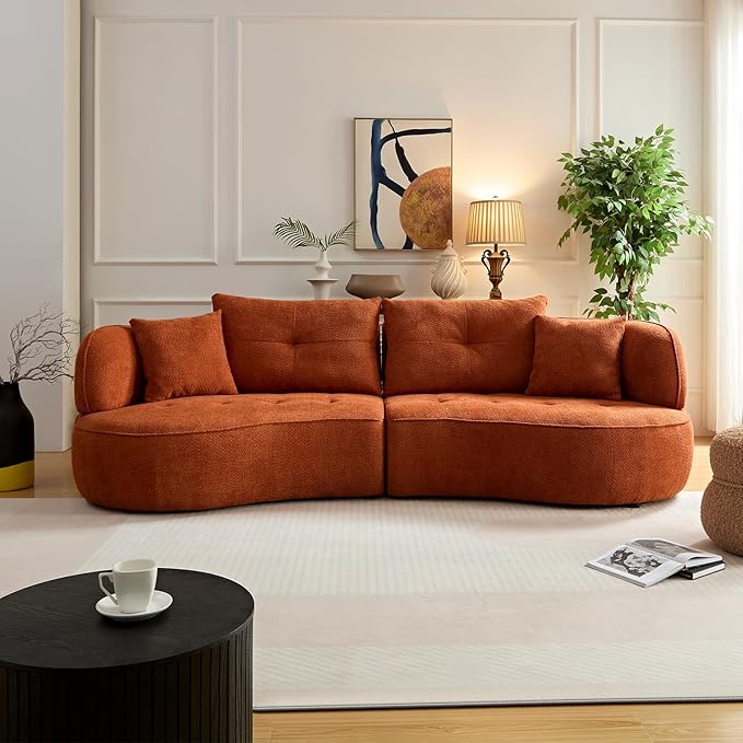 109" Sectional Curved Sofa, Boucle Fabric Upholstered Modern Couch, Oversized 3 Seater Minimalist Comfy Modular Deep Seat Sofas Set for Living Room, Home Office, Bedroom, Guestroom, Orange