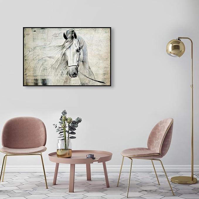 Country Farmhouse Canvas Print Painting Animal Wall Art 'Southern White Horse' Black Framed Canvas Rustic Home Décor 36x24 in Gray, Brown by Oliver Gal