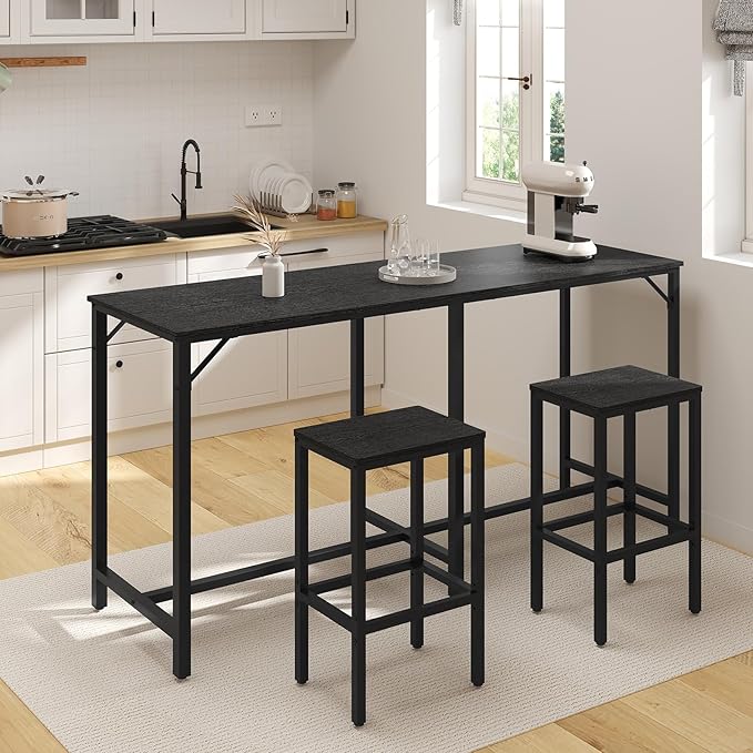 70.9" Bar Table and Chairs Set, Dining Table and Chair Sets, 3 Piece Counter Height Table and 2 Stools, Kithcen Table for Home Restaurant, Bar, Black BT09BB