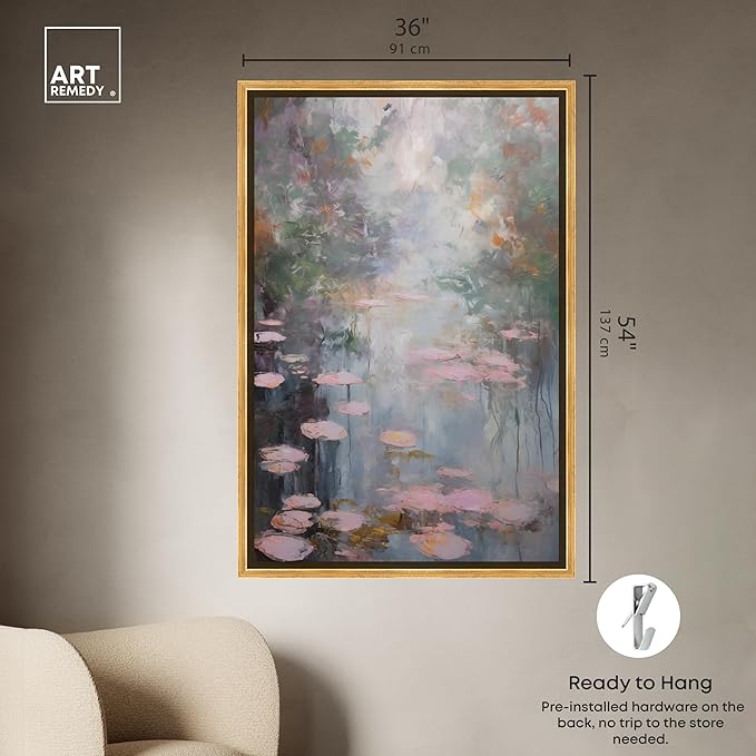 Art Remedy Pink Impressionisty Lilypads Framed Impressionism 1 Piece Canvas Wall Art/Monet And Van Gogh Inspired Art, 37.5" x 55.5", Gold Frame