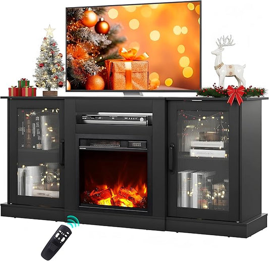WLIVE Fireplace TV Stand for 65" TV, Entertainment Center with 3D Realistic Flame Electric Fireplace, TV Console with Open Shelves for Living Room, Black