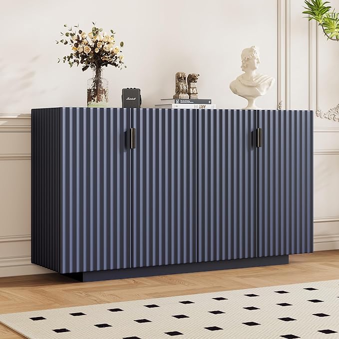 60" 4 Wavy Doors Ample Storage Sideboard with Adjustable Shelves,Retro Acacia Wood Console Table w/Retro Copper Handles,for Entryway Kitchen Dining Room Living,Antique Navy