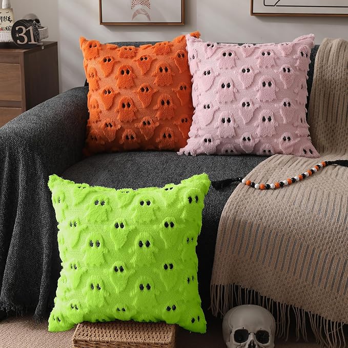 DFXSZ Halloween Pillow Covers 16x16 inch Set of 2 Green Ghost Throw Pillow Cases Soft Plush Faux Fur Wool Couch Cushion Case for Chair Sofa Bedroom Living Room Home Decor PTK03Y16