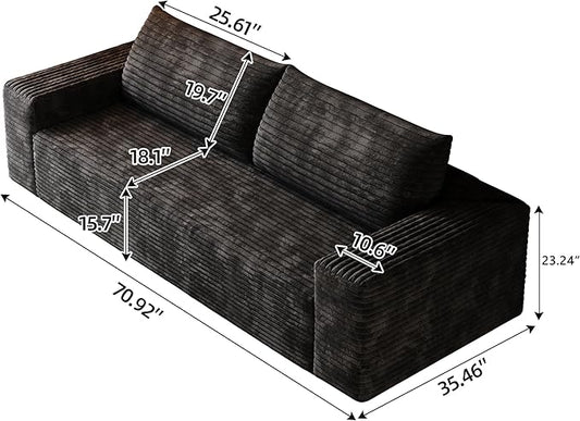 JINGLING 71" Small Couches for Small Spaces, Memory Foam loveseat Corduroy Couch in a Box, Compressed Boneless Sofa for Living Room Bedroom, Apartment Furniture, No Assembly Required, Black