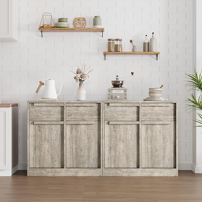 GarveeHome Sideboard Buffet Cabinet with 2 Drawers, 31.5 in Large Coffee Cabinet with Storage, Modern Storage Buffet Table for Kitchen Dining Room, Living Room (Grey, 2 Doors & 2 Drawers)