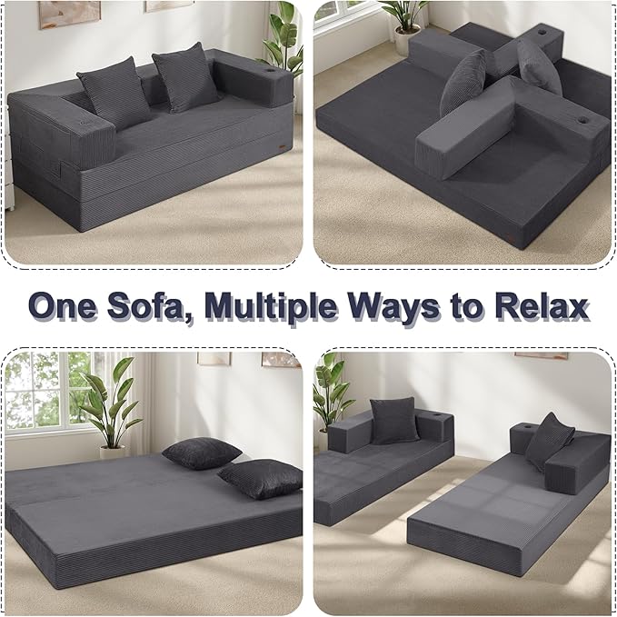COMAX Boneless Couch, Futon Sofa Bed Couches Versatile Queen for Living Room, 79" 4 in 1 Convertible Sleeper Corduroy Couch Foam in a Box, Foldable Fold Out Floor Mattress No Assembly Required, Grey