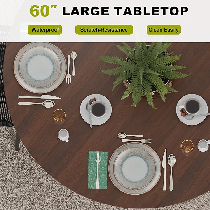 Casaphoria 60" Round Dining Table for 4-6, Farmhouse Style Table with Stripes Base, Easy Assembly for Living Room, Kitchen, Bar, Walnut