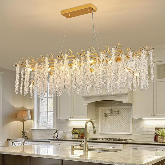 Modern Crystal Tree Branch Chandelier, Gold Linear Rectangle Art Deco Raindrop Lighting Fixture for Dining Room Living Room Kitchen Island 14 Lights L47.3''