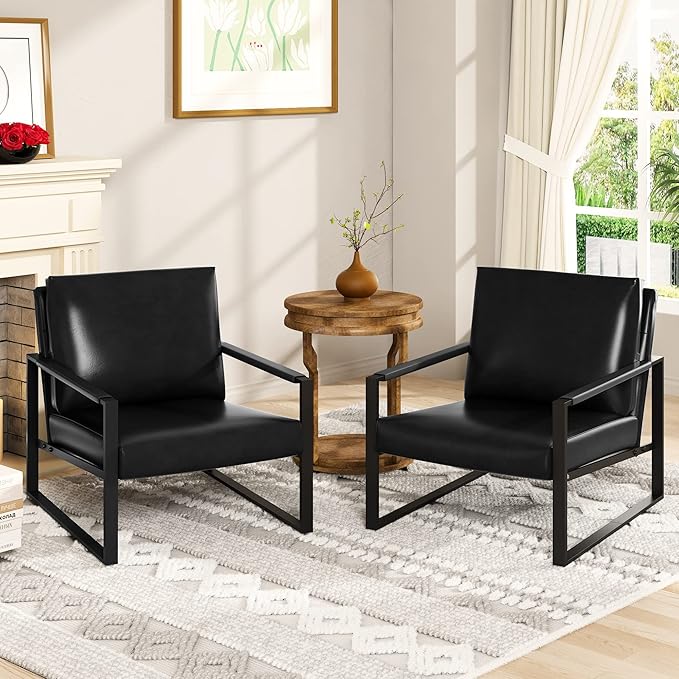 AWQM Leather Accent Chair Set of 2 Sofa Chair with Extra-Thick Padded Backrest and Seat Cushion Single Sofa for Living Room Bedroom, Black Metal Frame, 105 Degree Slant Back-Black（Set of 2）