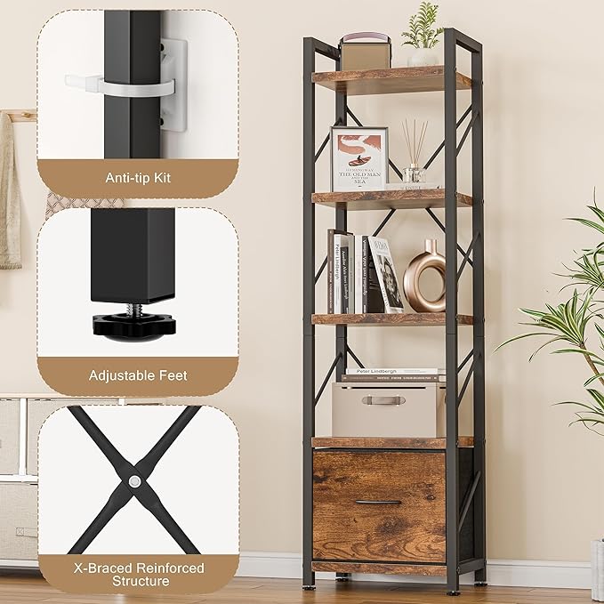 Shintenchi Bookshelf, 5 Tier Bookcase with Drawer, Modern Tall Bookshelves Storage Organizer, Industrial Book Shelves for Bedroom, Living Room, Office, Rustic Brown