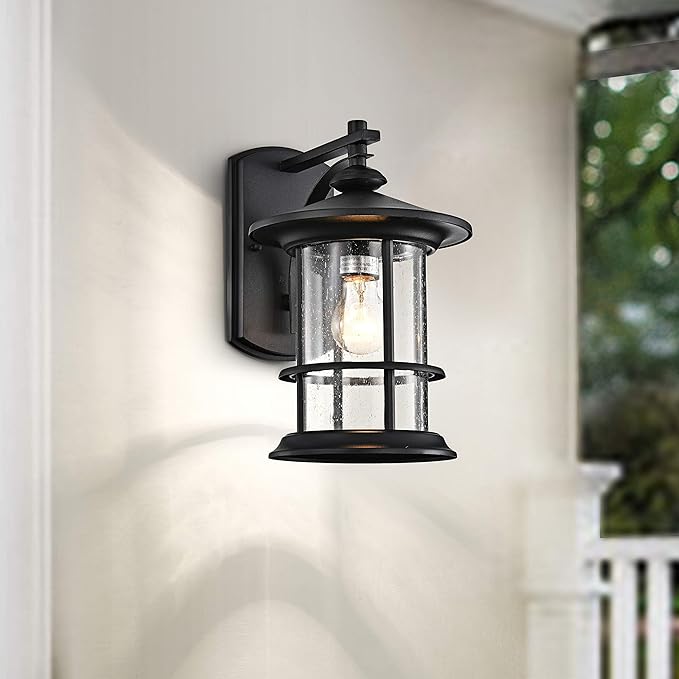 MICSIU 12.5" Large Outdoor Wall Light Fixture, Textured Black Exterior Sconce with Clear Seeded Glass, Anti-Rust Farmhouse Porch Light for Front Door, Garage, Patio, E26 Base, 1-Pack