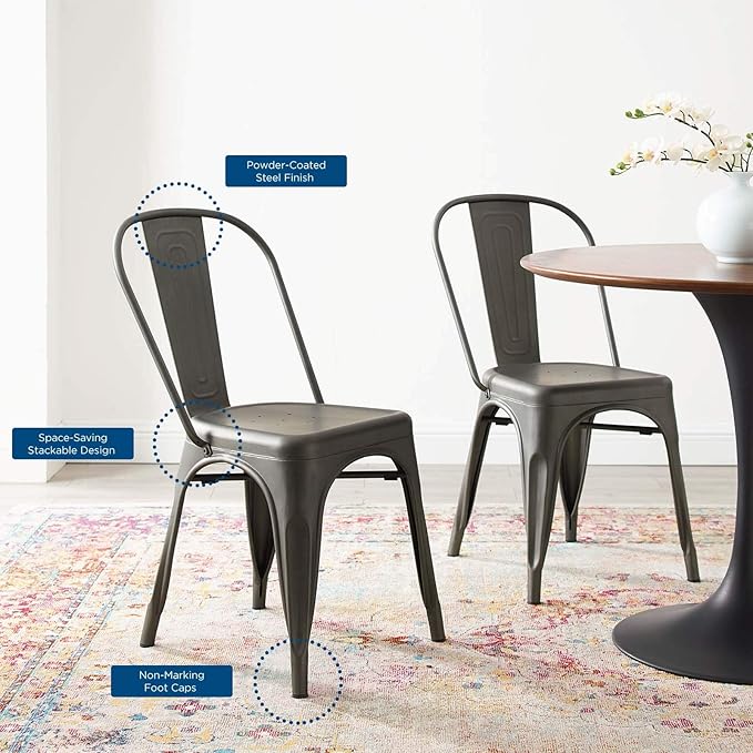 Modway Promenade Industrial Modern Steel Metal Bistro Dining Chairs in Gunmetal - Set of 2