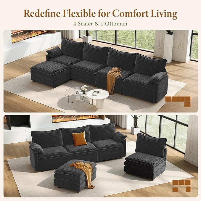 Vesgantti 142" Cloud Couch Sectional Modular Sofa, Comfy Sectional Couch with Ottoman Deep Seat Corduroy L Shaped Sofa, Modular Couches for Living Room, Bedroom and Apartment, Gray | Sink-in Comfort, Height Adjustable, Easy Rearrangement, Extra-deep Ot...
