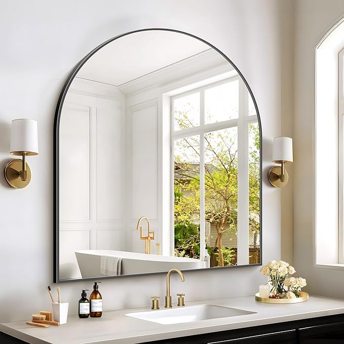 Black Arch Mirror, 36”x40” Black Mirror for Bathroom, Wide Arched Bathroom Mirror with Metal Wall Mounted Mirror for Bedroom Living Room Entryway Modern