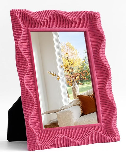Modern Aesthetic Mirror for Girly Bedroom Wall Decoration, 9.5x7.5 Makeup Table Mirror with Wavy Frame for Creative Workspace, Room Makeover Gift for Mom Daughter Sister Friend (Rose Pink)