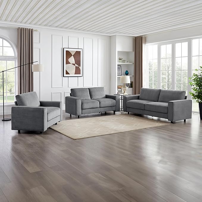 AC Pacific Derek 3 Piece Modern Corduroy Couches for Living Room, Tufted Sofas with Plush Upholstery, High-Density Foam, Sleek Black Legs, Durable Wooden Frame, Sofa, Loveseat and Chair Set, Grey