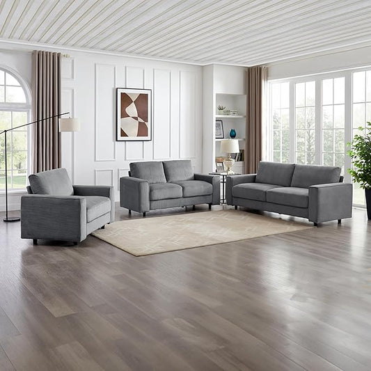 AC Pacific Derek 3 Piece Modern Corduroy Couches for Living Room, Tufted Sofas with Plush Upholstery, High-Density Foam, Sleek Black Legs, Durable Wooden Frame, Sofa, Loveseat and Chair Set, Grey