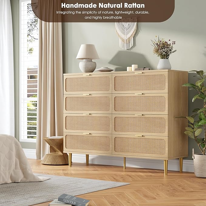 GarveeHome Rattan 8 Drawer Dressers for Bedroom, Tall Dresser with Deep Drawers, Large Chest of Drawers for Closet with Wide Top, Long Wooden Dresser for Living Room, Hallway, Kids Room, Natural