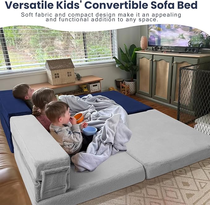 MeMoreCool Foldable Futon Chair Bed for Kids, Toddler Sofa Mattress, Convertible Foam Floor Couch, Tri-fold Sleeping Mattress (Navy)