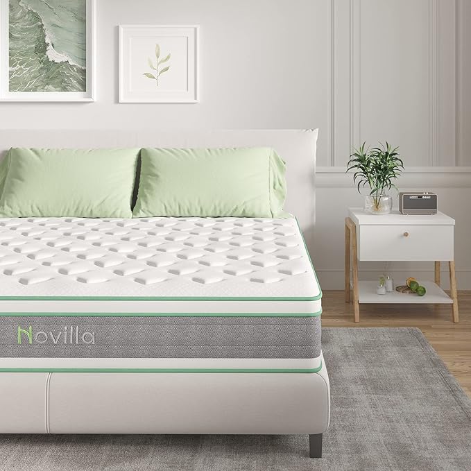 Novilla King Size Mattress, 10 Inch Hybrid Mattress in a Box, Individually Wrapped Pocket Coils Innerspring for Motion Isolation, King Pillow Top Mattresses with Medium Firm Feel, Groove