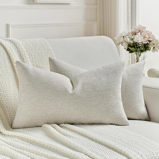 FUTEI Natural Wood Chenille Decorative Throw Pillow Covers 12x20 Inch Set of 2,Soft Cozy Faux Linen Textured Lumbar Pillow Cases,Farmhouse Home Decor for Couch Living Room
